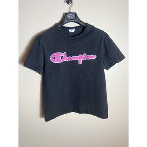 Vintage Champion Black Short Sleeve PINK Embroidered Logo Shirt Size Medium